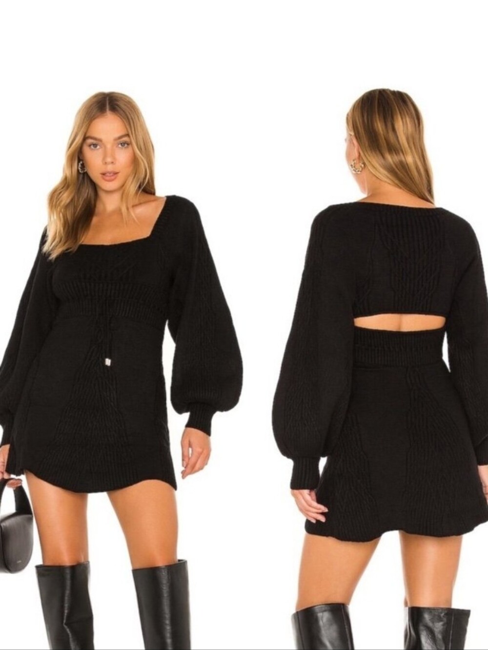 Free People Emmaline Black Knit Dress Balloon Sleeves, Waist Tie & Cut Out XS